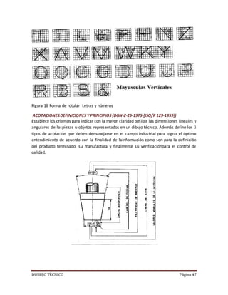 DUBUJO TÉCNICO Página 47
Figura 18 Forma de rotular Letras y números
ACOTACIONESDEFINICIONES Y PRINCIPIOS (DGN-Z-25-1975-[ISO/R 129-1959])
Establece los criterios para indicar con la mayor claridad posible las dimensiones lineales y
angulares de laspiezas u objetos representados en un dibujo técnico. Además define los 3
tipos de acotación que deben demanejarse en el campo industrial para lograr el óptimo
entendimiento de acuerdo con la finalidad de lainformación como son para la definición
del producto terminado, su manufactura y finalmente su verificaciónpara el control de
calidad.
 
