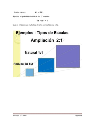 DUBUJO TÉCNICO Página 53
De otra manera: X:1 = X / 1
Ejemplo asignándole el valor de 2 a X. Tenemos:
2:1 = 2/ 1 = 2
que es el factor que multiplica al valor nominal de una cota.
 