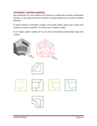 DUBUJO TÉCNICO Página 73
1ERDIEDRO (SISTEMAEUROPEO)
Para representar las vistas diédricas de una pieza se emplean dos sistemas normalizados
distintos, ya que cada uno de ellos considera a la pieza colocada en un cuadrante o diedro
diferente.
El primer sistema se denomina europeo o del primer diedro, puesto que la pieza está
situada en el primer cuadrante. Es el que vamos a emplear siempre.
En la imagen superior puedes ver las seis vistas normalizadas representadas según este
sistema.
 