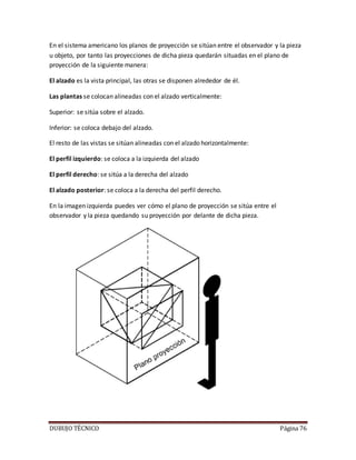 DUBUJO TÉCNICO Página 76
En el sistema americano los planos de proyección se sitúan entre el observador y la pieza
u objeto, por tanto las proyecciones de dicha pieza quedarán situadas en el plano de
proyección de la siguiente manera:
El alzado es la vista principal, las otras se disponen alrededor de él.
Las plantas se colocan alineadas con el alzado verticalmente:
Superior: se sitúa sobre el alzado.
Inferior: se coloca debajo del alzado.
El resto de las vistas se sitúan alineadas con el alzado horizontalmente:
El perfil izquierdo: se coloca a la izquierda del alzado
El perfil derecho: se sitúa a la derecha del alzado
El alzado posterior: se coloca a la derecha del perfil derecho.
En la imagen izquierda puedes ver cómo el plano de proyección se sitúa entre el
observador y la pieza quedando su proyección por delante de dicha pieza.
 