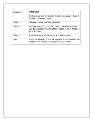 Desayuno: SANDIWCH
2 rebanas de pan ,2 rebanas de jamón de pavo, 1 taza de
jitomate, 1/2 taza de cebolla
Colación: 6 ciruelas, 1 tuna, 1 taza de garbanzos.
Comida: 120 g de pescado, 2 taza de coliflor, 2 taza de zanahoria, 2
taza de calabacita, 1 cucharadita de aceite de oliva, 1 taza de
arroz, 2 tortillas.
Colación: Agua de Jamaica, 10g de azúcar y 5 galletas marías
Cena: 1 taza de lentejas, 1 taza de jitomate, 2 cucharaditas de
aceite de oliva, 60g de pechuga de pollo y 2 tortillas
 