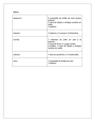 menu:
desayuno: 2 quesadilla de tortilla de maiz (queso
oaxaca)
½ taza de frijoles o lentejas cocidos sin
caldo
½ platano.
colacion ½ platano y 3 nueces o 5 almendras.
comida 1 milanesa de pollo sin piel a la
plancha.
½ taza de arroz o ½ papa cocida.
2 tortillas. ½ taza de frijoles o lentejas
cocidos sin caldo
colacion 1 taza de zanahoria y 14 cacahuates.
cena 1 quesadilla de tortilla de maíz
½ platano
 