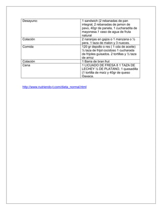 Desayuno: 1 sandwich (2 rebanadas de pan
integral, 2 rebanadas de jamon de
pavo, 40gr de panela, 1 cucharadita de
mayonesa.1 vaso de agua de fruta
natural
Colación 2 naranjas en gajos o 1 manzana o ½
pera. 1 taza de malon y 3 nueces.
Comida 120 gr depollo o res ( 1 cda de aceite)
½ taza de frijol cocidoso 1 cucharada
de frijoles guisados. 2 tortillas y ½ taza
de arroz
Colación 1 Barra de bran frut
Cena 1 LICUADO DE FRESA 8 1 TAZA DE
LECHEY ½ DE PLATANO. 1 quesadilla
(1 tortilla de maíz y 40gr de queso
Oaxaca.
http://www.nutriendo-t.com/dieta_normal.html
 