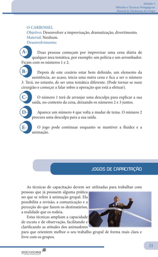 Módulo 5
Métodos e Técnicas Pedagógicas:
Manual de Dinâmicas de Grupo
21
E-
D-
C-
B-
A-
O CARROSSEL
Objetivo: Desenvolver a improvisação, dramatização, divertimento.
Material: Nenhum.
Desenvolvimento:
Duas pessoas começam por improvisar uma cena diária de
qualquer área temática, por exemplo: um polícia e um arrombador.
Ficam com os números 1 e 2.
Depois de este cenário estar bem definido, um elemento da
assistência, ao acaso, inicia uma outra cena e fica a ser o número
3. Terá, no entanto, de ser uma temática diferente. (Pode tornar-se num
cirurgião e começar a falar sobre a operação que está a efetuar).
O número 1 terá de arranjar uma desculpa para explicar a sua
saída, no contexto da cena, deixando os números 2 e 3 juntos.
Aparece um número 4 que volta a mudar de tema. O número 2
procura uma desculpa para a sua saída.
O jogo pode continuar enquanto se mantiver a fluidez e a
animação.
JOGOS DE CAPACITAÇÃO
As técnicas de capacitação devem ser utilizadas para trabalhar com
pessoas que já possuem alguma prática
no que se refere à animação grupal. Ela
possibilita a revisão, a comunicação e a
perceção do que fazem os destinatários,
a realidade que os rodeia.
Estas técnicas ampliam a capacidade
de escuta e de observação, facilitando e
clarificando as atitudes dos animadores
para que orientem melhor o seu trabalho grupal de forma mais clara e
livre com os grupos.
 