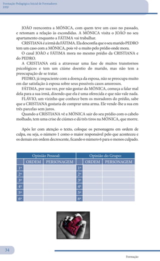 Formação Pedagógica Inicial de Formadores
FPIF
Formação
34
JOÃO reencontra a MÓNICA, com quem teve um caso no passado,
e retomam a relação às escondidas. A MÓNICA visita o JOÃO no seu
apartamento enquanto a FÁTIMA vai trabalhar.
CRISTIANAéairmãdaFÁTIMA.EladesconfiaqueoseumaridoPEDRO
tem um caso com a MÓNICA, pois vê-a muito pelo prédio onde mora.
O casal JOÃO e FÁTIMA mora no mesmo prédio da CRISTIANA e
do PEDRO.
A CRISTIANA está a atravessar uma fase de muitos transtornos
psicológicos e tem um ciúme doentio do marido, mas não tem a
preocupação de se tratar.
PEDRO, já impaciente com a doença da esposa, não se preocupa muito
em dar satisfação à esposa sobre seus possíveis casos amorosos.
FÁTIMA, por sua vez, por não gostar da MÓNICA, começa a falar mal
dela para a sua irmã, dizendo que ela é uma oferecida e que não vale nada.
FLÁVIO, um vizinho que conhece bem os moradores do prédio, sabe
que a CRISTIANA gostaria de comprar uma arma. Ele vende-lhe a sua em
três parcelas sem juros.
Quando a CRISTIANA vê a MÓNICA sair do seu prédio com o cabelo
molhado, tem uma crise de ciúmes e dá três tiros na MÓNICA, que morre.
Após ler com atenção o texto, coloque os personagens em ordem de
culpa, ou seja, o número 1 como o maior responsável pelo que aconteceu e
os demais em ordem decrescente, ficando o número 6 para o menos culpado.
Opinião Pessoal: Opinião do Grupo:
ORDEM PERSONAGEM ORDEM PERSONAGEM
1º 1º
2º 2º
3º 3º
4º 4º
5º 5º
6º 6º
 