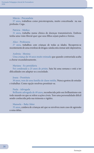 Formação Pedagógica Inicial de Formadores
FPIF
Formação
38
Márcia - Psicanalista
57 anos, trabalhou como psicoterapeuta, muito conceituada na sua
profissão. Cega.
Patrícia - Médica
31 anos, trabalha numa clínica de doenças transmissíveis. Embora
tenha uma visão liberal quer que seus filhos sejam padres e freiras.
Alice - Professora
27 anos, trabalhou com crianças de todas as idades. Recuperou-se
recentementedeumaoverdosededrogaseaindaestáatomaranti-depressivos.
Andreia - Menina
Uma criança de 10 anos muito mimada que quando contrariada acaba
a chorar escandalosamente.
Mariana - Ex-presidiária
Foi condenada a 25 anos de prisão. Saiu há uma semana e está a ter
dificuldades em adaptar-se a sociedade.
Joana - Prostituta
30 anos, vem de uma família de classe média. Nunca gostou de estudar
e trabalhar. Como opção resolveu prostituir-se.
Paula - Advogada
Brilhante advogada de 49 anos, reconhecida pelo seu brilhantismo em
todo mundo no que se refere a ações cíveis. Tem uma personalidade difícil
sendo conhecida pela sua teimosia e rigidez.
Manuela – Baby-Sitter
35 anos, cuidava de crianças até que se envolveu num caso de agressão
a uma delas.
 