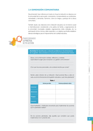 MANUAL DE GESTIÓN PARA DIRECTORES DE INSTITUCIONES EDUCATIVAS UNIDAD 2 DIMENSIONES DE LA GESTIÓN EDUCATIVA 
37 
2.4 DIMENSIÓN COMUNITARIA 
Esta dimensión hace referencia al modo en el que la institución se relaciona con 
la comunidad de la cual es parte, conociendo y comprendiendo sus condiciones, 
necesidades y demandas. Asimismo, cómo se integra y participa de la cultura 
comunitaria. 
También alude a las relaciones de la institución educativa con el entorno social 
e interinstitucional, considerando a los padres de familia y organizaciones de 
la comunidad, municipales, estatales, organizaciones civiles, eclesiales, etc. La 
participación de los mismos, debe responder a un objetivo que facilite establecer 
alianzas estratégicas para el mejoramiento de la calidad educativa. 
TRANSFORMANDO 
LA PRÁCTICA 
DE MI GESTIÓN 
Actividad 3: Identificando y ubicando problemas en las dimensiones 
de mi gestión. (Esta actividad es un insumo para la actividad final del módulo) 
Ahora, con la información recibida, reflexione y conteste: 
¿Qué ideas le surgen para incorporar a su gestión como director? 
¿Con qué recursos personales y de contexto tendría que contar? 
Siendo usted, director de su institución: ¿Qué acciones lleva a cabo en 
cada una de la dimensiones de la gestión educativa y qué otras plantearía? 
Tabla 1 
Acciones que realiza Acciones que plantearía realizar 
Institucional 
Administrativa 
Pedagógica 
Comunitaria 
¿Qué facilidades y obstáculos encontraría para implementar las acciones 
que ha planteado realizar? 
De las acciones planteadas, elija aquellas que considere que pueda 
implementar en el presente año. 
 