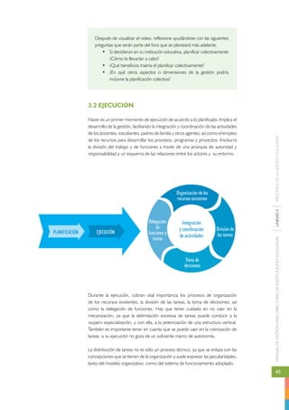 MANUAL DE GESTIÓN PARA DIRECTORES DE INSTITUCIONES EDUCATIVAS UNIDAD 3 PROCESOS DE LA GESTIÓN EDUCATIVA 
45 
Después de visualizar el video, reflexione ayudándose con las siguientes 
preguntas que serán parte del foro que se planteará más adelante. 
• Si decidieran en su institución educativa, planificar colectivamente 
¿Cómo lo llevarían a cabo? 
• ¿Qué beneficios traería el planificar colectivamente? 
• ¿En qué otros aspectos o dimensiones de la gestión podría 
incluirse la planificación colectiva? 
3.2 EJECUCIÓN 
Hacer es un primer momento de ejecución de acuerdo a lo planificado. Implica el 
desarrollo de la gestión, facilitando la integración y coordinación de las actividades 
de los docentes, estudiantes, padres de familia y otros agentes; así como el empleo 
de los recursos para desarrollar los procesos, programas y proyectos. Involucra 
la división del trabajo y de funciones a través de una jerarquía de autoridad y 
responsabilidad y un esquema de las relaciones entre los actores y su entorno. 
Organización de los 
recursos existentes 
División de 
las tareas 
Integración 
y coordinación 
de actividades 
Toma de 
decisiones 
Delegación 
de 
funciones y 
tareas 
PLANIFICACIÓN EJECUCIÓN 
Durante la ejecución, cobran vital importancia los procesos de organización 
de los recursos existentes, la división de las tareas, la toma de decisiones, así 
como la delegación de funciones. Hay que tener cuidado en no caer en la 
mecanización, ya que la delimitación excesiva de tareas puede conducir a la 
«super» especialización, y con ella, a la potenciación de una estructura vertical. 
También es importante tener en cuenta que se puede caer en la rutinización de 
tareas, si su ejecución no goza de un suficiente marco de autonomía. 
La distribución de tareas no es sólo un proceso técnico, ya que se enlaza con las 
concepciones que se tienen de la organización y suele expresar las peculiaridades, 
tanto del modelo organizativo, como del sistema de funcionamiento adoptado. 
 