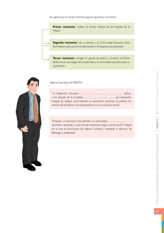 MANUAL DE GESTIÓN PARA DIRECTORES DE INSTITUCIONES EDUCATIVAS UNIDAD 4 INSTRUMENTOS DE LA GESTIÓN EDUCATIVA 
61 
Se sugiere que el equipo directivo siga los siguientes momentos: 
Primer momento: realizar el primer intento de formulación de la 
Misión. 
Segundo momento: dar a conocer a la Comunidad Educativa dicha 
formulación para que la complementen y enriquezcan la propuesta. 
Tercer momento: recoger el aporte de todos y construir la Misión 
Institucional, que luego será presentada a la comunidad educativa para su 
aprobación. 
Algunos ejemplos de MISIÓN: 
“La Institución Educativa…………………........………………… ofrece 
a los jóvenes de la localidad ……………..............…….. una educación 
integral de calidad, promoviendo la superación personal, la práctica de 
valores democráticos y el mejoramiento en la convivencia social”. 
“Propiciar un escenario que permita a la comunidad………..........………. 
aprender a aprender, y que sirva de medio para lograr una formación integral 
en la cual se promuevan los valores humanos, mediante el ejercicio de 
liderazgo y solidaridad”. 
 