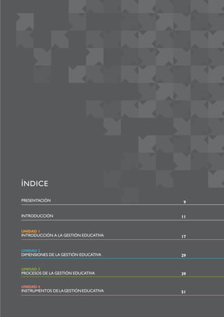 ÍNDICE 
PRESENTACIÓN 
INTRODUCCIÓN 
UNIDAD 1 
INTRODUCCIÓN A LA GESTIÓN EDUCATIVA 
UNIDAD 2 
DIMENSIONES DE LA GESTIÓN EDUCATIVA 
UNIDAD 3 
PROCESOS DE LA GESTIÓN EDUCATIVA 
UNIDAD 4 
INSTRUMENTOS DE LA GESTIÓN EDUCATIVA 
9 
11 
17 
29 
39 
51 
 