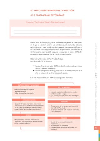 MANUAL DE GESTIÓN PARA DIRECTORES DE INSTITUCIONES EDUCATIVAS UNIDAD 4 INSTRUMENTOS DE LA GESTIÓN EDUCATIVA 
93 
4.2 OTROS INSTRUMENTOS DE GESTIÓN 
4.2.1 PLAN ANUAL DE TRABAJO 
Al escuchar “Plan Anual de Trabajo” ¿Qué ideas le surgen? 
El Plan Anual de Trabajo (PAT) es un instrumento de gestión de corto plazo, 
en el que se plantean acciones y/o actividades que la comunidad educativa 
debe realizar para hacer posible que las propuestas planteadas en el Proyecto 
Educativo Institucional (PEI) se hagan realidad progresivamente, año a año. Así se 
irán logrando los objetivos de la propuesta pedagógica y de gestión del PEI. En 
ese sentido, podemos afirmar que se trata de un plan operativo. 
Elaboración y Elementos del Plan Anual de Trabajo 
Para elaborar El PAT, es necesario: 
• Revisar el marco orientador del PEI, es decir la visión, misión, principios, 
valores y objetivos estratégicos. 
• Revisar el diagnóstico del PEI y jerarquizar las situaciones a resolver en el 
año, en cada una de las dimensiones de la gestión. 
Con este marco se formulará el PAT con los siguientes elementos: 
OBJETIVOS OPERATIVOS Y SUS INDICADORES 
Ejecucion parcial de los objetivos 
estrátegicos del PEI 
¿Qué se quiere lograr en el año ? 
Meta y sus Indicadores 
Expresión cuantitativa de los objetivos anuales. 
Son los resultados a lograr. 
Qué, cuánto y con qué calidad se quieren lograr. 
Actividades y Proyectos 
Conjunto de tareas organizadas, secuenciadas y 
relacionadas con los resultados concretos a través 
de las cuales se cumplen los objetivos y metas. 
¿Qué acciones permiten lograr los objetivos? 
RECURSOS 
Requerimientos humanos, materiales y/o 
financieros para la realización de las actividades. 
¿Qué medios se utilizarán? 
CRONOGRAMA 
Planteamientos de los tiempos que requerirá el 
desarrollo del Plan Anual. 
¿Cuándo se realizarán cada una de las actividades 
y en qué tiempo? 
EVALUACIÓN 
Revisión de los procesos de ejecución 
programados. 
Se monitorean los indicadores. 
¿Qué estrategias se utilizarán para evaluar los 
resultados? 
 