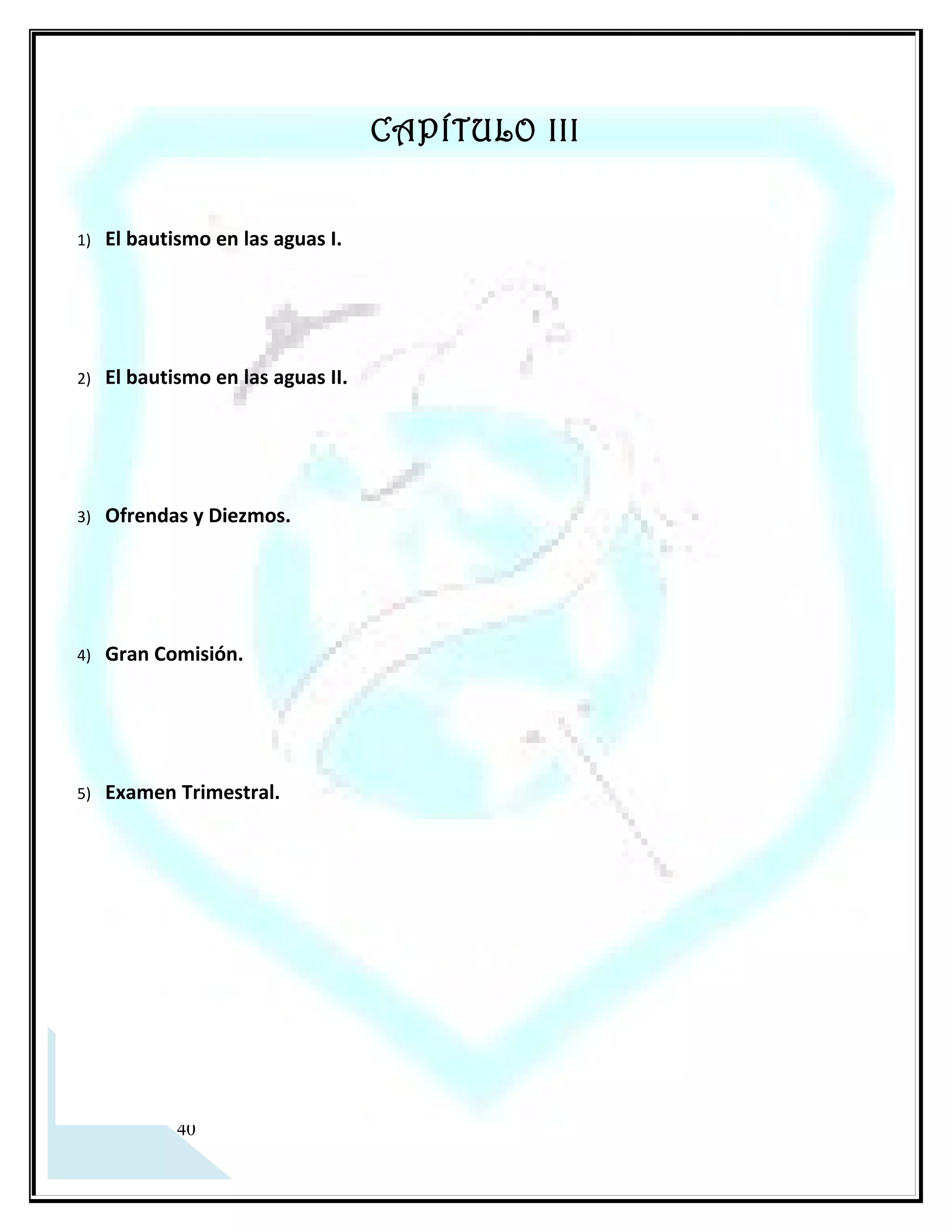 Bautismo
                                                1ra. Parte
    ¿Qué es el bautismo y cuál es su significado?

El bautismo representa una experiencia espiritual de conversión por la cual transita el creyente en un
momento clave de su vida, puesto que este paso significa, en esencia, “muerte, sepultura a una vieja vida, y
resurrección a una nueva vida”

Asimismo aconteció con Jesús, ya que él murió, fue sepultado y resucitó. Por consiguiente, podemos decir,
que el “bautismo” tipifica no solo la aceptación de Jesús en nuestro corazón, sino también renacer, es decir,
ser nuevas criaturas en ÉL.(Romanos 6:3-4; Colosenses 2:12).

    ¿Por qué se debe bautizar?
   1) ¿Quién ordenó el bautismo?____________________________________ (Mateo 28:18-19)
   2) Jesús mismo fue bautizado para darnos el ejemplo. Escriba lo que Dios el Padre dijo en esa ocasión:
      __________________________________________________________________
      __________________________________________________________________________
   3) De acuerdo esas palabras, que concepto tiene Dios de aquellos que le obedecen a través del
      mandamientos del bautismo: ______________________________________________
      __________________________________________________________________________

    ¿Qué requisitos se debe tener para ser bautizado?
   1) Lea el retrato de Hechos 8:35-38 y conteste:
          a) ¿Cuál es el requisito indispensable que allí se menciona (Versículo 37)
              Conteste con una sola palabra __________________________________________
          b) ¿Qué debe creer el que se bautiza?______________________________________
          c) ¿De qué manera debe creer? ___________________________________________

   2) Lea Hechos 2:38 e indique: ¿Cuál es el otro requisito previo para el bautismo?
      Conteste con una sola palabra _________________________________________________
   3) Para aclarar estos conceptos lea los siguientes versículos y conteste las preguntas:
          a) ¿Quién nos manda a arrepentirnos? ( Hechos 17:30)_________________________
             ___________________________________________________________________

 A través del acto del bautismo, el creyente está declarando tres verdades personales:

  1) Que ha aceptado a Jesucristo como su salvador.
  2) Que, de la manera como es sumergido en el agua y queda cubierto por ella así murió espiritualmente a
     su vieja vida, la cual queda sepultada para siempre.
  3) Al emerger del agua está simbolizando que ha resucitado a una nueva vida con Cristo y ha decidido

 27  serle fiel por el resto de sus vidas.
 
