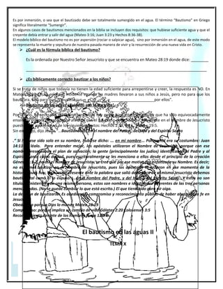Ofrendas y Diezmos
                                              TEMA IV
Para abordar este tema debemos dejar asentado, que todos los bienes materiales son de Dios. Este principio
escritural nos hace entender, que nada es nuestro, todo es de EL

Éxodo 19:5, Salmos 24:1, Salmo 50:10-12, Hageo 2:8
El diezmo estatutariamente prefijado en el 10 % de las entradas generales. La ofrenda esta sujeta, a lo que
dictamina el corazón del adorador.

Datos: Para el conocimiento del maestro
Ofrendas prescriptas en la ley (ceremoniales)
El Holocausto Levítico 1; 6:8-13
La Oblación      levítico 6:14-23

Acercarse a Dios con ofrenda: Desde el principio a Dios se le acerco con ofrenda agradable. Aquí vemos a los
primeros ofrendadores que la biblia menciona
Abel: Génesis 4:4-5.
Saúl: 1° Samuel 9:6-8.
Gedeón: Jueces 6:18.

Sostenimiento sacerdotal
1° Corintios 9:4-14: No poner bozal al buey que trilla.
Filipenses 4:10-19: Sostenimiento de Pablo.
1° Timoteo 5:17-18: El obrero es digno de su salario.
Deuteronomio 14:28-29; 26:13: Sostenimiento de los levitas, huérfanos y extranjeros.

Ofrenda Voluntaria generosa.
Antiguo Testamento: Éxodo 25:1-2; 1° Crónicas 26:6-9; 2° Crónicas 24:8-11.
Nuevo Testamento: 2° Corintios 8:1-5,11-12.

Ofrendar con alegría.
Antiguo Testamento: Éxodo 35:21-29; 2° Crónicas 24:10.
Nuevo Testamento: 2° Corintios 8:1-5.

Ofrendas proporcionales: 1° Corintios 16:2; 2° Corintios 8:2-12.

El Diezmo
Antiguo Testamento: Malaquías 3:10.
Nuevo Testamento: Mateo 23:23.

La ofrenda es la medida de nuestro corazón y el diezmo es la medida de nuestra obediencia.
El valor de la ofrenda, Dios no la mide por la cantidad, si no por la calidad de la entrega, una mujer ofrendo
menos, pero entrego más. Marcos 12:41-44

Diezmo = décima parte (2° Crónicas 31:5-6, 12; Nehemías 10:38-39; 12:44-47 ; 13:5,12 ; Amos 4:4).


 31
Pagar los diezmos: Levítico 27:30; Lucas 14:42; Deuteronomio 14:22; Malaquías 3:10; Mateo 23:23.
 