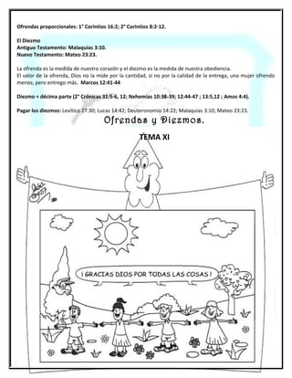 EL DIEZMO
EL DIEZMO VIGENTE ANTES DE LA LEY: Malaquías 3:6-11
    Abraham entrega los diezmos al sacerdocio de Melquisedec luego de recibir su bendición. (Génesis 14:20
…Y le dio Abraham los diezmos de todo)
    Jacob a pesar de que hasta este momento no tenía la espiritualidad de su abuelo (Abraham) denota que el
diezmo era parte de la doctrina que vio en su abuelo y su padre porque se comprometió con Dios a cumplir
con este mandamiento. (Gn 28:22…..y de todo lo que me dieres, el diezmo apartare para ti) .

EL DIEZMO VIGENTE DURANTE LA LEY:

    Es un estatuto indefectible Deut 14:2
    Entregado al sacerdocio de Levi Num. 18:21
    El diezmo consagrado al Señor Levítico 27:30-34

EL DIEZMO VIGENTE DESPUES DE LA LEY:
   En Mateo 23:23 Jesús recrimina a los religiosos que cumplían con lo material al diezmar la menta, el
eneldo y el comino y olvidaban lo abstracta y netamente espiritual como la justicia, la misericordia y la fe, y
dijo: ESTO ERA NECESARIO HACER, (utiliza el término ‘ERA’ en tiempo pasado justamente porque eso fue lo
que no hicieron), y sigue diciendo: SIN DEJAR DE HACER AQUELLO, refiriéndose a lo material.




 34
 