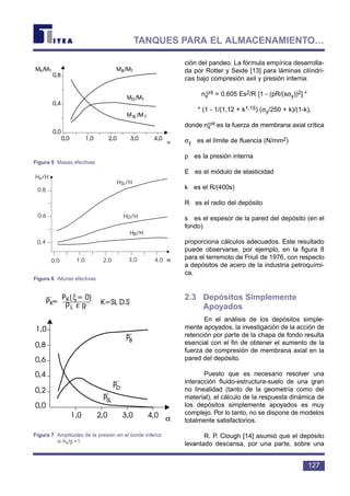 ción del pandeo. La fórmula empírica desarrolla-
da por Rotter y Seide [13] para láminas cilíndri-
cas bajo compresión axil y presión interna:
nx
crit = 0,605 Es2/R [1 - (pR/(sσy))2] *
* (1 - 1/(1,12 + k1,15) (σy/250 + k)/(1-k),
donde nx
crit es la fuerza de membrana axial crítica
σy es el límite de fluencia (N/mm2)
p es la presión interna
E es el módulo de elasticidad
k es el R/(400s)
R es el radio del depósito
s es el espesor de la pared del depósito (en el
fondo)
proporciona cálculos adecuados. Este resultado
puede observarse, por ejemplo, en la figura 8
para el terremoto de Friuli de 1976, con respecto
a depósitos de acero de la industria petroquími-
ca.
2.3 Depósitos Simplemente
Apoyados
En el análisis de los depósitos simple-
mente apoyados, la investigación de la acción de
retención por parte de la chapa de fondo resulta
esencial con el fin de obtener el aumento de la
fuerza de compresión de membrana axial en la
pared del depósito.
Puesto que es necesario resolver una
interacción fluido-estructura-suelo de una gran
no linealidad (tanto de la geometría como del
material), el cálculo de la respuesta dinámica de
los depósitos simplemente apoyados es muy
complejo. Por lo tanto, no se dispone de modelos
totalmente satisfactorios.
R. P. Clough [14] asumió que el depósito
levantado descansa, por una parte, sobre una
127
TANQUES PARA EL ALMACENAMIENTO…
α
Figura 5 Masas efectivas
Hx/H
HSL/H
HD/H
HB/H
0,0 1,0 2,0 3,0 4,0 α
0,4
0,6
0,8
Figura 6 Alturas efectivas
ξ
ρ ε
α
Figura 7 Amplitudes de la presión en el borde inferior
si Ak/g =1
 