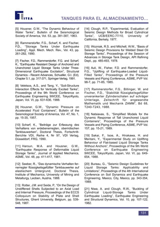 [5] Housner, G.W., “The Dynamic Behaviour of
Water Tanks”, Bulletin of the Seismological
Society of America, Vol. 53, pp. 381-387, 1963.
[6] Rammerstorfer, F.G., Scharf, K. and Fischer,
F.D., “Storage Tanks Under Earthquake
Loading”, Appl. Mech. Mech. Rev., Vol. 43, pp.
261-282, 1990.
[7] Fischer, F.D., Rammerstorfer, F.G. and Scharf,
K., “Earthquake Resistant Design of Anchored and
Unanchored Liquid Storage Tanks Under Three-
Dimensional Earthquake Excitation”, Structural
Dynamics - Recent Advances, Schueller, G.I. (Ed),
Chapter 5.1, pp. 317-371, Springer-Verlag, 1991.
[8] Veletsos, A.S., and Tang, Y., “Soil-Structure
Interaction Effects for Vertically Excited Tanks”,
Proceedings of the 9th World Conference on
Earthquake Engineering 9WCEE, Tokyo/Kyoto,
Japan, Vol. VI, pp. 631-636, 1988.
[9] Housner, G.W., “Dynamic Pressure on
Accelerated Fluid Containers”, Bulletin of the
Seismological Society of America, Vol. 47, No. 1,
pp. 15-35, 1957.
[10] Scharf, K., “Beiträge zur Erfassung des
Verhaltens von erdebenerregten, oberirdischen
Tankbauwerken”, Doctoral Thesis, Fortschritt-
Berichte VDI, Reihe 4, Nr 97, VDI Verlag,
Düsseldorf, FRG, 1990.
[11] Haroun, M.A. and Housner, G.W.,
“Earthquake Response of Deformable Liquid
Storage Tanks”, Journal of Applied Mechanics,
ASME, Vol. 48, pp. 411-417, 1981.
[12] Seeber, R., “Das dynamische Verhalten fer-
nerregter flüssigkeitsgefüllter Tankbauwerke auf
elastischem Untergrund, Doctoral Thesis,
Institute of Mechanics, University of Mining and
Metallurgy, Leoben, Austria, 1988.
[13] Rotter, J.M. and Seide, P., “On the Design of
Unstiffened Shells Subjected to an Axial Load
and Internal Pressure, Proceedings of the ECCS
Colloquium on Stability of Plate and Shell
Structures, Ghent University, Belgium, pp. 539-
548, 1987.
[14] Clough, R.P., “ExperimentaL Evaluation of
Seismic Design Methods for Broad Cylindrical
Tanks”, UCB/EERC-77/10, University of
California, Berkely, 1977.
[15] Wozniak, R.S. and Mitchell, W.W., “Basis of
Seismic Design Provisions for Welded Steel Oil
Storage Tanks”, Proceedings of the Session of
Advances in Storage Tank Design, API Refining
Dept., pp. 485-493, 1978.
[16] Auli, W., Fisher, F.D. and Rammerstorfer,
F.G., “Uplifting of Earthquake-Loaded Liquid-
Filled Tanks”, Proceedings of the Pressure
Vessels and Piping Conference, ASME, PVP Vol.
98-7, pp. 71-85, 1985.
[17] Rammerstorfer, F.G., Billinger, W. and
Fischer, F.D., “Stabilität flüssigkeitsgefüllter
unverankerter Zylinderschalen auf schräger
Unterlage, Zeitschrift für angewandte
Mathematik und Mechanik ZAMM”, Bd 68,
T240-T243, 1988.
[18] Natsiavas, S., “Simplified Models for the
Dynamic Response of Tall Unanchored Liquid
Containers”, Proceedings of the Pressure
Vessels and Piping Conference, ASME, PVP Vol.
157, pp. 15-21, 1989.
[19] Sakai, F., Isoe, A., Hirakawa, H. and
Mentani, Y., “Experimental Study on Uplifting
Behaviour of Flat-based Liquid Storage Tanks
Without Anchors”, Proceedings of the 9th World
Conference on Earthquake Engineering
9WCEE, Tokyo/Kyoto, Japan, Vol. VI, pp. 649-
654, 1988.
[20] Bureau, G., “Seismic Design Guidelines for
Liquid Storage Tanks: Applicability and
Limitations”, Proceedings of the 4th International
Conference on Soil Dynamics and Earthquake
Engineering, Mexico, City, Mexico, pp. 343-354,
1989.
[21] Niwa, A. and Clough, R.W., “Buckling of
Cylindrical Liquid-Storage Tanks Under
Earthquake Loading”, Earthquake Engineering
and Structural Dynamics, Vol. 10, pp. 107-122,
1982.
131
TANQUES PARA EL ALMACENAMIENTO…
 