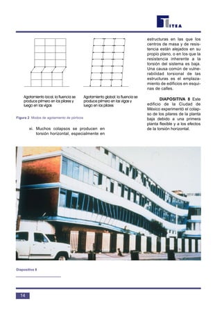 xi. Muchos colapsos se producen en
torsión horizontal, especialmente en
estructuras en las que los
centros de masa y de resis-
tencia están alejados en su
propio plano, o en los que la
resistencia inherente a la
torsión del sistema es baja.
Una causa común de vulne-
rabilidad torsional de las
estructuras es el emplaza-
miento de edificios en esqui-
nas de calles.
DIAPOSITIVA 8 Este
edificio de la Ciudad de
México experimentó el colap-
so de los pilares de la planta
baja debido a una primera
planta flexible y a los efectos
de la torsión horizontal.
14
Figura 2 Modos de agotamiento de pórticos
Diapositiva 8
 