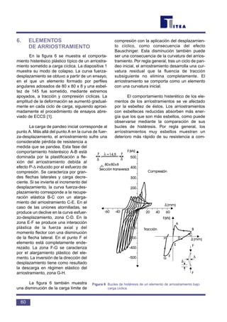 6. ELEMENTOS
DE ARRIOSTRAMIENTO
En la figura 6 se muestra el comporta-
miento histerésico plástico típico de un arriostra-
miento sometido a carga cíclica. La diapositiva 1
muestra su modo de colapso. La curva fuerza-
desplazamiento se obtuvo a partir de un ensayo,
en el que un elemento formado por perfiles
angulares adosados de 80 x 80 x 8 y una esbel-
tez de 145 fue sometido, mediante extremos
apoyados, a tracción y compresión cíclicas. La
amplitud de la deformación se aumentó gradual-
mente en cada ciclo de carga, siguiendo aproxi-
madamente el procedimiento de ensayos abre-
viado de ECCS [1].
La carga de pandeo inicial corresponde al
punto A. Más allá del punto A en la curva de fuer-
za-desplazamiento, el arriostramiento sufre una
considerable pérdida de resistencia a
medida que se pandea. Esta fase del
comportamiento histerésico A-B está
dominada por la plastificación a fle-
xión del arriostramiento debida al
efecto P-∆ inducido por el esfuerzo de
compresión. Se caracteriza por gran-
des flechas laterales y carga decre-
ciente. Si se invierte el incremento del
desplazamiento, la curva fuerza-des-
plazamiento corresponde a la recupe-
ración elástica B-C con un alarga-
miento del arriostramiento C-E. En el
caso de las uniones atornilladas, se
produce un declive en la curva esfuer-
zo-desplazamiento, zona C-D. En la
zona E-F se produce una interacción
plástica de la fuerza axial y del
momento flector con una disminución
de la flecha lateral. En el punto F el
elemento está completamente ende-
rezado. La zona F-G se caracteriza
por el alargamiento plástico del ele-
mento. La inversión de la dirección del
desplazamiento tiene como resultado
la descarga en régimen elástico del
arriostramiento, zona G-H.
La figura 6 también muestra
una disminución de la carga límite de
compresión con la aplicación del desplazamien-
to cíclico, como consecuencia del efecto
Bauschinger. Esta disminución también puede
ser una consecuencia de la curvatura del arrios-
tramiento. Por regla general, tras un ciclo de pan-
deo inicial, el arriostramiento desarrolla una cur-
vatura residual que la fluencia de tracción
subsiguiente no elimina completamente. El
arriostramiento se comporta como un elemento
con una curvatura inicial.
El comportamiento histerético de los ele-
mentos de los arriostramientos se ve afectado
por la esbeltez de éstos. Los arriostramientos
con esbelteces reducidas absorben más ener-
gía que los que son más esbeltos, como puede
observarse mediante la comparación de sus
bucles de histéresis. Por regla general, los
arriostramientos muy esbeltos muestran un
deterioro más rápido de su resistencia a com-
60
δ δ
λ
δ
δ
δ
∆
Figura 6 Bucles de histéresis de un elemento de arriostramiento bajo
carga cíclica
 