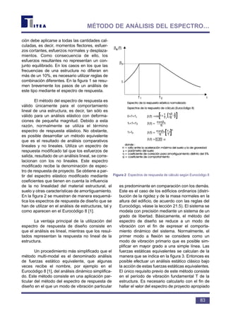 ción debe aplicarse a todas las cantidades cal-
culadas, es decir, momentos flectores, esfuer-
zos cortantes, esfuerzos normales y desplaza-
mientos. Como consecuencia de ello, los
esfuerzos resultantes no representan un con-
junto equilibrado. En los casos en los que las
frecuencias de una estructura no difieran en
más de un 10%, es necesario utilizar reglas de
combinación diferentes. En la figura 1 se resu-
men brevemente los pasos de un análisis de
este tipo mediante el espectro de respuesta.
El método del espectro de respuesta es
válido únicamente para el comportamiento
lineal de una estructura, es decir, tan sólo es
válido para un análisis elástico con deforma-
ciones de pequeña magnitud. Debido a esta
razón, normalmente se utiliza el término
espectro de respuesta elástico. No obstante,
es posible desarrollar un método equivalente
que es el resultado de análisis comparativos
lineales y no lineales. Utiliza un espectro de
respuesta modificado tal que los esfuerzos de
salida, resultado de un análisis lineal, se corre-
lacionan con los no lineales. Este espectro
modificado recibe la denominación de espec-
tro de respuesta de proyecto. Se obtiene a par-
tir del espectro elástico modificado mediante
coeficientes que tienen en cuenta la influencia
de la no linealidad del material estructural, el
suelo y otras características de amortiguamiento.
En la figura 2 se muestran de manera esquemá-
tica los espectros de respuesta de diseño que se
han de utilizar en el análisis de estructuras, tal y
como aparecen en el Eurocódigo 8 [1].
La ventaja principal de la utilización del
espectro de respuesta de diseño consiste en
que el análisis es lineal, mientras que los resul-
tados representan la respuesta no lineal de la
estructura.
Un procedimiento más simplificado que el
método multi-modal es el denominado análisis
de fuerzas estático equivalente, que algunas
veces recibe el nombre, por ejemplo en el
Eurocódigo 8 [1], del análisis dinámico simplifica-
do. Este método consiste en una aplicación par-
ticular del método del espectro de respuesta de
diseño en el que un modo de vibración particular
es predominante en comparación con los demás.
Este es el caso de los edificios ordinarios (distri-
bución de la rigidez y de la masa normales en la
altura del edificio, de acuerdo con las reglas del
Eurocódigo, véase la lección 21.5). El sistema se
modela con precisión mediante un sistema de un
grado de libertad. Básicamente, el método del
espectro de diseño se reduce a un modo de
vibración con el fin de expresar el comporta-
miento dinámico del sistema. Normalmente, el
primer modo a flexión se considera como un
modo de vibración primario que es posible sim-
plificar en mayor grado a una simple línea. Las
fuerzas estáticas equivalentes se calculan de la
manera que se indica en la figura 3. Entonces es
posible efectuar un análisis estático clásico bajo
la acción de estas fuerzas estáticas equivalentes.
El único requisito previo de este método consiste
en el período de vibración fundamental T de la
estructura. Es necesario calcularlo con el fin de
hallar el valor del espectro de proyecto apropiado
83
MÉTODO DE ANÁLISIS DEL ESPECTRO…
β
β
β
β
β
β
α
α
ηβ
ηβ
α
α
α
ηβ
η
Figura 2 Espectros de respuesta de cálculo según Eurocódigo 8
 