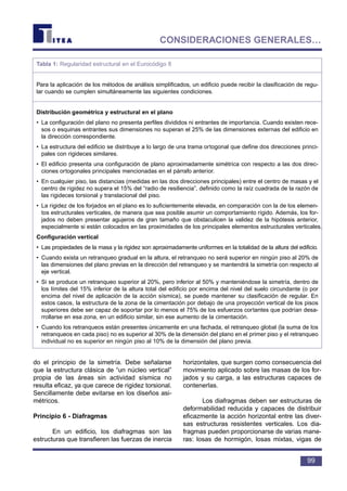 do el principio de la simetría. Debe señalarse
que la estructura clásica de “un núcleo vertical”
propia de las áreas sin actividad sísmica no
resulta eficaz, ya que carece de rigidez torsional.
Sencillamente debe evitarse en los diseños asi-
métricos.
Principio 6 - Diafragmas
En un edificio, los diafragmas son las
estructuras que transfieren las fuerzas de inercia
horizontales, que surgen como consecuencia del
movimiento aplicado sobre las masas de los for-
jados y su carga, a las estructuras capaces de
contenerlas.
Los diafragmas deben ser estructuras de
deformabilidad reducida y capaces de distribuir
eficazmente la acción horizontal entre las diver-
sas estructuras resistentes verticales. Los dia-
fragmas pueden proporcionarse de varias mane-
ras: losas de hormigón, losas mixtas, vigas de
99
CONSIDERACIONES GENERALES…
Tabla 1: Regularidad estructural en el Eurocódigo 8
Para la aplicación de los métodos de análisis simplificados, un edificio puede recibir la clasificación de regu-
lar cuando se cumplen simultáneamente las siguientes condiciones.
Distribución geométrica y estructural en el plano
• La configuración del plano no presenta perfiles divididos ni entrantes de importancia. Cuando existen rece-
sos o esquinas entrantes sus dimensiones no superan el 25% de las dimensiones externas del edificio en
la dirección correspondiente.
• La estructura del edificio se distribuye a lo largo de una trama ortogonal que define dos direcciones princi-
pales con rigideces similares.
• El edificio presenta una configuración de plano aproximadamente simétrica con respecto a las dos direc-
ciones ortogonales principales mencionadas en el párrafo anterior.
• En cualquier piso, las distancias (medidas en las dos direcciones principales) entre el centro de masas y el
centro de rigidez no supera el 15% del “radio de resiliencia”, definido como la raíz cuadrada de la razón de
las rigideces torsional y translacional del piso.
• La rigidez de los forjados en el plano es lo suficientemente elevada, en comparación con la de los elemen-
tos estructurales verticales, de manera que sea posible asumir un comportamiento rígido. Además, los for-
jados no deben presentar agujeros de gran tamaño que obstaculicen la validez de la hipótesis anterior,
especialmente si están colocados en las proximidades de los principales elementos estructurales verticales.
Configuración vertical
• Las propiedades de la masa y la rigidez son aproximadamente uniformes en la totalidad de la altura del edificio.
• Cuando exista un retranqueo gradual en la altura, el retranqueo no será superior en ningún piso al 20% de
las dimensiones del plano previas en la dirección del retranqueo y se mantendrá la simetría con respecto al
eje vertical.
• Si se produce un retranqueo superior al 20%, pero inferior al 50% y manteniéndose la simetría, dentro de
los límites del 15% inferior de la altura total del edificio por encima del nivel del suelo circundante (o por
encima del nivel de aplicación de la acción sísmica), se puede mantener su clasificación de regular. En
estos casos, la estructura de la zona de la cimentación por debajo de una proyección vertical de los pisos
superiores debe ser capaz de soportar por lo menos el 75% de los esfuerzos cortantes que podrían desa-
rrollarse en esa zona, en un edificio similar, sin ese aumento de la cimentación.
• Cuando los retranqueos están presentes únicamente en una fachada, el retranqueo global (la suma de los
retranqueos en cada piso) no es superior al 30% de la dimensión del plano en el primer piso y el retranqueo
individual no es superior en ningún piso al 10% de la dimensión del plano previa.
 