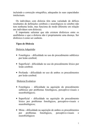 7
incluindo a correcção ortográfica, adequadas às suas capacidades
intelectuais.
Os indivíduos com dislexia têm uma variedade de défices
resultantes de definições cerebrais e neurológicos (o cérebro não
tem nenhuma lesão, mas funciona de modo diferente em relação
aos indivíduos sem dislexia).
É importante salientar que não existem disléxicos entre os
analfabetos e que a dislexia não é propriamente uma doença. Ser
disléxico é como ser canhoto.
Tipos de Dislexia
Dislexia Adquirida:
• Fonológica – dificuldade no uso do procedimento subléxico
por lesão cerebral;
• Superficial - dificuldade no uso do procedimento léxico por
lesão cerebral;
• Profunda - dificuldade no uso de ambos os procedimentos
por lesão cerebral.
Dislexia Evolutiva:
• Fonológica – dificuldade na aquisição do procedimento
subléxico por problemas fonológicos, perceptivo-visuais e
neurobiológicos;
• Superficial - dificuldade na aquisição do procedimento
léxico por problemas fonológicos, perceptivo-visuais e
neurobiológicos;
• Mista - dificuldade na aquisição de ambos os procedimentos
por problemas fonológicos, perceptivo-visuais e
neurobiológicos
 