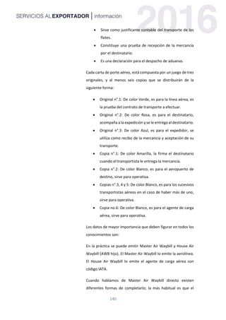 140
 Sirve como justificante contable del transporte de los
fletes.
 Constituye una prueba de recepción de la mercancía
por el destinatario.
 Es una declaración para el despacho de aduanas.
Cada carta de porte aéreo, está compuesta por un juego de tres
originales, y al menos seis copias que se distribuirán de la
siguiente forma:
 Original n°.1: De color Verde, es para la línea aérea, es
la prueba del contrato de transporte a efectuar.
 Original n°.2: De color Rosa, es para el destinatario,
acompaña a la expedición y se le entrega al destinatario.
 Original n°.3: De color Azul, es para el expedidor, se
utiliza como recibo de la mercancía y aceptación de su
transporte.
 Copia n°.1: De color Amarilla, la firma el destinatario
cuando el transportista le entrega la mercancía.
 Copia n°.2: De color Blanco, es para el aeropuerto de
destino, sirve para operativa.
 Copias n°.3, 4 y 5: De color Blanco, es para los sucesivos
transportistas aéreos en el caso de haber más de uno,
sirve para operativa.
 Copia no.6: De color Blanco, es para el agente de carga
aérea, sirve para operativa.
Los datos de mayor importancia que deben figurar en todos los
conocimientos son:
En la práctica se puede emitir Master Air Waybill y House Air
Waybill (AWB hijo). El Master Air Waybill lo emite la aerolínea.
El House Air Waybill lo emite el agente de carga aérea con
código IATA.
Cuando hablamos de Master Air Waybill directo existen
diferentes formas de completarlo; la más habitual es que el
 