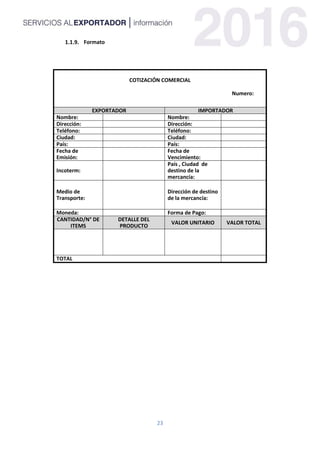 23
Formato
COTIZACIÓN COMERCIAL
Numero:
EXPORTADOR IMPORTADOR
Nombre: Nombre:
Dirección: Dirección:
Teléfono: Teléfono:
Ciudad: Ciudad:
País: País:
Fecha de
Emisión:
Fecha de
Vencimiento:
Incoterm:
País , Ciudad de
destino de la
mercancía:
Medio de
Transporte:
Dirección de destino
de la mercancía:
Moneda: Forma de Pago:
CANTIDAD/N° DE
ITEMS
DETALLE DEL
PRODUCTO
VALOR UNITARIO VALOR TOTAL
TOTAL
 