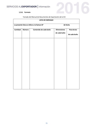 70
Formato
Tomado del Manual de Documentos de Exportación de la CCI
LISTA DE EMPAQUE
La presente lista se refiere a la factura No
de fecha
Cantidad Número Contenido de cada bulto Dimensiones
de cada bulto
Peso bruto
de cada bulto
 
