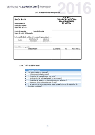 79
Guía de Remisión de Transportista
Razón Social
Domicilio Fiscal:
Punto de Emisión:
REGISTRO M.T.C. :
RUC XXX
GUIA DE REMISIÓN –
TRANSPORTISTA
N° XXXXX
Punto de partida: Punto de llegada:
Fecha de inicio del traslado:
Información de la unidad de transporte y conductor:
PLACAS
CONSTANCIA DE
INSCRIPCION
LICENCIA DE
CONDUCIR
Datos del bien transportado:
DESCRIPCIÓN CANTIDAD UM PESO TOTAL
Lista de Verificación
Puntos a Revisar
 ¿La autorización es vigente?
 - ¿El formato es el adecuado?
 - ¿El motivo de traslado es el correcto?
 - ¿La dirección de salida y llegada es la correcta?
 - ¿El detalle de la carga es el considerado en la factura?
 - ¿Los datos del chofer se han verificado?
 - ¿Se cuenta con un proceso adecuado para el retorno de las Guías de
Remisión emitidas?
 