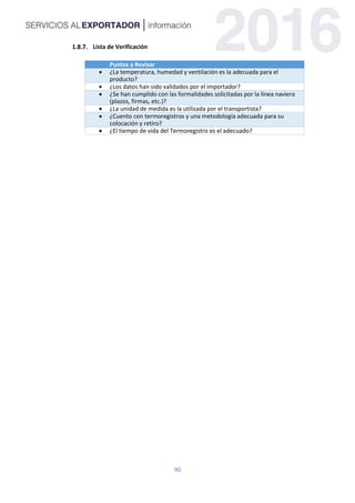 90
Lista de Verificación
Puntos a Revisar
 ¿La temperatura, humedad y ventilación es la adecuada para el
producto?
 ¿Los datos han sido validados por el importador?
 ¿Se han cumplido con las formalidades solicitadas por la línea naviera
(plazos, firmas, etc.)?
 ¿La unidad de medida es la utilizada por el transportista?
 ¿Cuento con termoregistros y una metodología adecuada para su
colocación y retiro?
 ¿El tiempo de vida del Termoregistro es el adecuado?
 