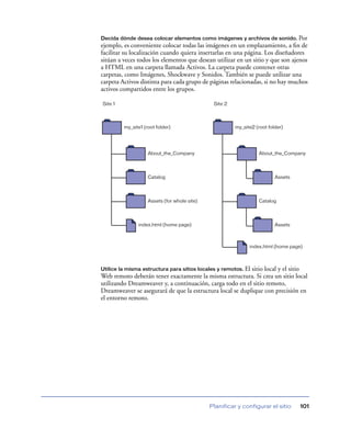 Decida dónde desea colocar elementos como imágenes y archivos de sonido. Por
ejemplo, es conveniente colocar todas las imágenes en un emplazamiento, a ﬁn de
facilitar su localización cuando quiera insertarlas en una página. Los diseñadores
sitúan a veces todos los elementos que desean utilizar en un sitio y que son ajenos
a HTML en una carpeta llamada Activos. La carpeta puede contener otras
carpetas, como Imágenes, Shockwave y Sonidos. También se puede utilizar una
carpeta Activos distinta para cada grupo de páginas relacionadas, si no hay muchos
activos compartidos entre los grupos.

Site 1                                         Site 2




         my_site1 (root folder)                         my_site2 (root folder)




                    About_the_Company                             About_the_Company




                    Catalog                                               Assets




                    Assets (for whole site)                       Catalog




               index.html (home page)                                     Assets



                                                              index.html (home page)



Utilice la misma estructura para sitios locales y remotos. El
                                                           sitio local y el sitio
Web remoto deberán tener exactamente la misma estructura. Si crea un sitio local
utilizando Dreamweaver y, a continuación, carga todo en el sitio remoto,
Dreamweaver se asegurará de que la estructura local se duplique con precisión en
el entorno remoto.




                                              Planificar y configurar el sitio     101
 