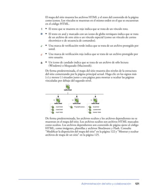 El mapa del sitio muestra los archivos HTML y el resto del contenido de la página
como iconos. Los vínculos se muestran en el mismo orden en el que se encuentran
en el código HTML.
• El texto que se muestra en rojo indica que se trata de un vínculo roto.
• El texto en azul y marcado con un icono de globo terráqueo indica que se trata
  de un archivo de otro sitio o un vínculo especial (como un vínculo de correo
  electrónico o de secuencia de comandos).
• Una marca de veriﬁcación verde indica que se trata de un archivo protegido por
  usted.
• Una marca de veriﬁcación roja indica que se trata de un archivo protegido por
  otro usuario.
• Un icono de candado indica que se trata de un archivo de sólo lectura
  (Windows) o bloqueado (Macintosh).
De forma predeterminada, el mapa del sitio muestra dos niveles de la estructura
del sitio comenzando por la página principal actual. Haga clic en los signos más
(+) y menos (-) situados junto a una página para mostrar u ocultar las páginas
vinculadas por debajo del segundo nivel.




De forma predeterminada, los archivos ocultos y los archivos dependientes no se
muestran en el mapa del sitio. Los archivos ocultos son archivos HTML marcados
como ocultos. Los archivos dependientes son contenido de página ajeno al código
HTML, como imágenes, plantillas y archivos Shockwave y Flash. Consulte
“Modiﬁcar la disposición del mapa del sitio” en la página 122 y “Mostrar y ocultar
archivos de mapa de un sitio” en la página 125.




                               Administración del sitio y colaboración         121
 