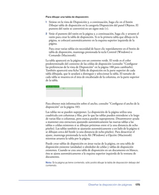 Para dibujar una tabla de disposición:

1   Sitúese en la vista de Disposición y, a continuación, haga clic en el botón
    Dibujar tabla de disposición en la categoría Disposición del panel Objetos. El
    puntero del ratón se convertirá en un signo más (+).
2   Sitúe el puntero del ratón en la página y, a continuación, haga clic y arrastre el
    ratón para crear la tabla de disposición. Si es la primera tabla que dibuja en la
    página, se colocará automáticamente en la esquina superior izquierda de la
    página.
    Para crear varias tablas sin necesidad de hacer clic repetidamente en el botón de
    tabla de disposición, mantenga presionada la tecla Control (Windows) o
    Comando (Macintosh).
La tabla aparecerá en la página con un contorno verde. El verde es el color
predeterminado del contorno de las celdas de disposición (consulte “Conﬁgurar
las preferencias de la vista de Disposición” en la página 188 para cambiarlo).
También aparecerá una ﬁcha Tabla de disposición en la parte superior de cada
tabla dibujada, que le ayudará a distinguir y seleccionar la tabla. El tamaño de
cada tabla se muestra en el área de encabezado de la columna, en la parte superior
de la tabla.




Para obtener más información sobre el ancho, consulte “Conﬁgurar el ancho de la
disposición” en la página 183.
Las tablas no se pueden superponer. La disposición de la página utiliza una
cuadrícula con columnas y ﬁlas, por lo que las tablas pueden extenderse a lo largo
de varias ﬁlas o columnas, pero nunca pueden superponerse. Dreamweaver ayuda
a mantener esta estructura ajustando automáticamente las nuevas tablas a las
tablas o celdas existentes si se dibujan próximas entre sí (a una distancia de ocho
píxeles). Las tablas también se ajustarán automáticamente a un lado de la página si
se dibujan cerca del borde (a una distancia de ocho píxeles). Para desactivar el
ajuste, mantenga presionada la tecla Alt (Windows) u Opción (Macintosh)
mientras arrastra la tabla por la página.
Puede crear tablas de disposición en áreas vacías de la página, en una tabla de
disposición existente (anidadas) o alrededor de celdas y tablas de disposición
existentes. Cuando se crea una tabla de disposición en un documento en blanco,
ésta se ajusta automáticamente a la esquina superior izquierda de la ventana de
documento.
Nota: Si la página ya tiene contenido, sólo podrá dibujar la tabla de disposición debajo del
contenido.




                                          Diseñar la disposición de páginas             175
 