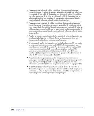 • Para establecer el relleno de celdas, especiﬁque el número de píxeles en el
                     campo Rell. celda. El relleno de celdas es la cantidad de espacio que habrá entre
                     el contenido de una celda de disposición y el límite de la misma. Si establece
                     este valor por encima de 0, todas las celdas de la tabla de disposición que ha
                     seleccionado tendrán este espaciado. Si aparecen dos números en el área de
                     encabezado de la columna, utilice la opción Igualar ancho.
                   • Para establecer el espaciado de celdas, especiﬁque el número de píxeles en el
                     campo Esp. celda. El espaciado de celdas es la cantidad de espacio que habrá
                     entre cada celda de disposición. Si establece este valor por encima de 0, todas las
                     celdas de disposición de la tabla que ha seleccionado tendrán este espaciado. Si
                     aparecen dos números en el área de encabezado de la columna, utilice la opción
                     Igualar ancho.
                   • Para borrar los valores de alto de todas las celdas de la tabla de disposición que
                     ha seleccionado, haga clic en el botón Borrar atributos de alto. Si no hay
                     elementos en la tabla, ésta se contraerá completamente.
                   • Si hay celdas de ancho ﬁjo, haga clic en el botón Igualar ancho. De este modo
                     se restablecerá automáticamente el ancho HTML de cada celda para que
                     coincida con el contenido de la celda. Por ejemplo, si deﬁne el ancho en 200
                     píxeles y, a continuación, añade contenido que amplía el ancho a 250,
                     aparecerán estos dos números en la barra superior de la tabla: 250 entre
                     comillas y 200 entre paréntesis. Si hace clic en Igualar ancho, desaparecerá el
                     valor de 200 píxeles y se mantendrá el de 250.
                   • Para eliminar las imágenes de espaciador (imágenes transparentes que se
                     utilizan para controlar el espaciado de la disposición) en la tabla de disposición,
                     haga clic en el botón Quitar todos los espaciadores. (Para obtener más
                     información, consulte “Utilizar las imágenes de espaciador” en la página 186.)
                   • Si la tabla de disposición seleccionada está anidada dentro de otra tabla de
                     disposición, haga clic en Desanidar para eliminar la tabla anidada sin perder su
                     contenido. La tabla de disposición desaparecerá y las celdas de disposición y su
                     contenido pasarán a formar parte de la tabla principal.




182   Capítulo 6
 