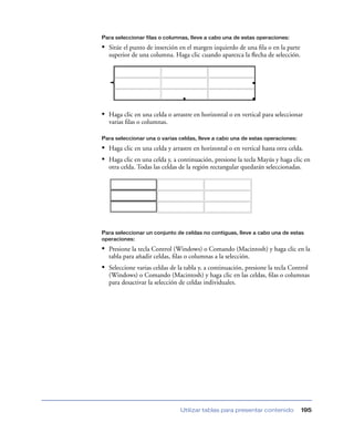 Para seleccionar filas o columnas, lleve a cabo una de estas operaciones:

• Sitúe el punto de inserción en el margen izquierdo de una ﬁla o en la parte
  superior de una columna. Haga clic cuando aparezca la ﬂecha de selección.




• Haga clic en una celda o arrastre en horizontal o en vertical para seleccionar
  varias ﬁlas o columnas.

Para seleccionar una o varias celdas, lleve a cabo una de estas operaciones:

• Haga clic en una celda y arrastre en horizontal o en vertical hasta otra celda.
• Haga clic en una celda y, a continuación, presione la tecla Mayús y haga clic en
  otra celda. Todas las celdas de la región rectangular quedarán seleccionadas.




Para seleccionar un conjunto de celdas no contiguas, lleve a cabo una de estas
operaciones:

• Presione la tecla Control (Windows) o Comando (Macintosh) y haga clic en la
  tabla para añadir celdas, ﬁlas o columnas a la selección.
• Seleccione varias celdas de la tabla y, a continuación, presione la tecla Control
  (Windows) o Comando (Macintosh) y haga clic en las celdas, ﬁlas o columnas
  para desactivar la selección de celdas individuales.




                               Utilizar tablas para presentar contenido         195
 