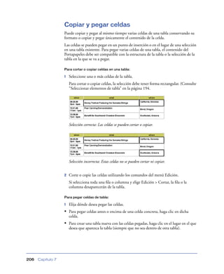 Copiar y pegar celdas
                   Puede copiar y pegar al mismo tiempo varias celdas de una tabla conservando su
                   formato o copiar y pegar únicamente el contenido de la celda.
                   Las celdas se pueden pegar en un punto de inserción o en el lugar de una selección
                   en una tabla existente. Para pegar varias celdas de una tabla, el contenido del
                   Portapapeles debe ser compatible con la estructura de la tabla o la selección de la
                   tabla en la que se va a pegar.

                   Para cortar o copiar celdas en una tabla:

                   1   Seleccione una o más celdas de la tabla.
                       Para cortar o copiar celdas, la selección debe tener forma rectangular. (Consulte
                       “Seleccionar elementos de tabla” en la página 194.




                       Selección correcta: Las celdas se pueden cortar o copiar.




                       Selección incorrecta: Estas celdas no se pueden cortar ni copiar.


                   2   Corte o copie las celdas utilizando los comandos del menú Edición.
                       Si selecciona toda una ﬁla o columna y elige Edición > Cortar, la ﬁla o la
                       columna desaparecerán de la tabla.

                   Para pegar celdas de tabla:

                   1   Elija dónde desea pegar las celdas.
                   • Para pegar celdas antes o encima de una celda concreta, haga clic en dicha
                       celda.
                   • Para crear una tabla nueva con las celdas pegadas, haga clic en el lugar en el que
                       desea que aparezca la tabla (siempre que no sea dentro de otra tabla).




206   Capítulo 7
 