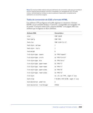 Nota: Es imprescindible realizar este procedimiento de conversión cada vez que cambia el
archivo original para actualizar el archivo compatible con navegadores 3.0. Por este
motivo, recomendamos no llevar a cabo la operación hasta estar completamente
satisfecho con el archivo original.


Tabla de conversión de CSS a formato HTML
Los atributos CSS que ﬁguran en la tabla siguiente se convierten a formato
HTML con el comando Archivo > Convertir > Compatible con navegador 3.0.
(Consulte “Convertir estilos CSS a etiquetas HTML” en la página 268.) Los
atributos que no ﬁguran en ella se eliminan.

Atributo CSS                                Convertido a

color                                       FONT COLOR

font-family                                 FONT FACE

font-size                                   FONT SIZE="[1-7]"

font-style: oblique                         I

font-style: italic                          I

font-weight                                 B

list-style-type: square                     UL TYPE="square"

list-style-type: circle                     UL TYPE="circle"

list-style-type: disc                       UL TYPE="disc"

list-style-type: upper-roman                OL TYPE="I"

list-style-type: lower-roman                OL TYPE="i"

list-style-type: upper-alpha                OL TYPE="A"

list-style-type: lower-alpha                OL TYPE="a"

list-style                                  UL u OL con TYPE, según el caso

text-align                                  P ALIGN o DIV ALIGN, según el caso

text-decoration: underline                  U

text-decoration: line-through               STRIKE




                                         Insertar y aplicar formato a texto        269
 
