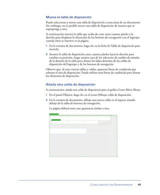 Mueva la tabla de disposición
Puede seleccionar y mover una tabla de disposición a otras áreas de un documento
Sin embargo, no es posible mover una tabla de disposición de manera que se
superponga a otra.
A continuación moverá la tabla que acaba de crear unos cuantos píxeles a la
derecha para desplazar la alineación de los botones de navegación con el logotipo
cuando éstos se inserten en la página.
1   En la ventana de documento, haga clic en la ﬁcha de Tabla de disposición para
    moverla.
2   Arrastre la tabla de disposición unos cuantos píxeles hacia la derecha para
    cambiar su posición, luego arrastre uno de los selectores de cambio de tamaño
    de la derecha de la tabla para alinear los lados derechos de las celdas de
    disposición del logotipo y de los botones de navegación.
Observe que, al crear nuevas tablas y celdas, aparecen líneas de cuadrícula que
esbozan el área de disposición. Puede utilizar estas líneas de cuadrícula para alinear
los elementos de disposición.

Añada otra celda de disposición
A continuación, añada una celda de disposición para el gráﬁco Learn More About.
1   En el panel Objetos, haga clic en el icono Dibujar celda de disposición.
2   En la ventana de documento, dibuje una nueva celda en el espacio situado
    debajo de la tabla de botones de navegación.
    La página deberá tener una apariencia similar a ésta.




                                        Curso práctico de Dreamweaver              41
 