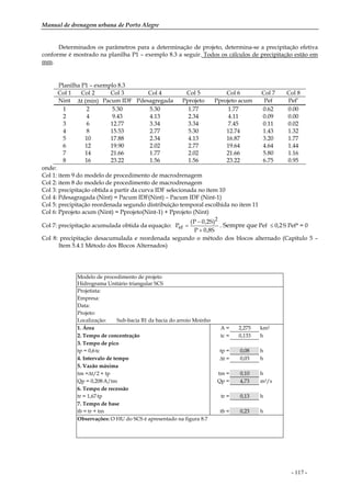 Manual de drenagem urbana de Porto Alegre
- 117 -
Determinados os parâmetros para a determinação de projeto, determina-se a precipitação efetiva
conforme é mostrado na planilha P1 – exemplo 8.3 a seguir. Todos os cálculos de precipitação estão em
mm.
Planilha P1 – exemplo 8.3
Col 1 Col 2 Col 3 Col 4 Col 5 Col 6 Col 7 Col 8
Nint ∆t (min) Pacum IDF Pdesagregada Pprojeto Pprojeto acum Pef Pef’
1 2 5.30 5.30 1.77 1.77 0.62 0.00
2 4 9.43 4.13 2.34 4.11 0.09 0.00
3 6 12.77 3.34 3.34 7.45 0.11 0.02
4 8 15.53 2.77 5.30 12.74 1.43 1.32
5 10 17.88 2.34 4.13 16.87 3.20 1.77
6 12 19.90 2.02 2.77 19.64 4.64 1.44
7 14 21.66 1.77 2.02 21.66 5.80 1.16
8 16 23.22 1.56 1.56 23.22 6.75 0.95
onde:
Col 1: item 9 do modelo de procedimento de macrodrenagem
Col 2: item 8 do modelo de procedimento de macrodrenagem
Col 3: precipitação obtida a partir da curva IDF selecionada no item 10
Col 4: Pdesagragada (Nint) = Pacum IDF(Nint) – Pacum IDF (Nint-1)
Col 5: precipitação reordenada segundo distribuição temporal escolhida no item 11
Col 6: Pprojeto acum (Nint) = Pprojeto(Nint-1) + Pprojeto (Nint)
Col 7: precipitação acumulada obtida da equação:
S8,0P
)S2,0P(
P
2
ef
+
−
= . Sempre que Pef ≤ 0,2.S Pef* = 0
Col 8: precipitação desacumulada e reordenada segundo o método dos blocos alternado (Capítulo 5 –
Item 5.4.1 Método dos Blocos Alternados)
Modelo de procedimento de projeto
Hidrograma Unitário triangular SCS
Projetista:
Empresa:
Data:
Projeto:
Localização: Sub-bacia B1 da bacia do arroio Moinho
1. Área A = 2,275 km2
2. Tempo de concentração tc = 0,133 h
3. Tempo de pico
tp = 0,6.tc tp = 0,08 h
4. Intervalo de tempo ∆t = 0,03 h
5. Vazão máxima
tm =∆t/2 + tp tm = 0,10 h
Qp = 0,208.A/tm Qp = 4,73 m3/s
6. Tempo de recessão
tr = 1,67.tp tr = 0,13 h
7. Tempo de base
tb = tr + tm tb = 0,23 h
Observações: O HU do SCS é apresentado na figura 8.7
 