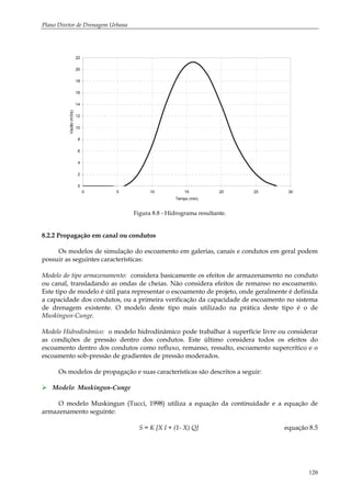 Plano Diretor de Drenagem Urbana
120
0
2
4
6
8
10
12
14
16
18
20
22
0 5 10 15 20 25 30
Tempo (min)
Vazão(m3/s)
Figura 8.8 - Hidrograma resultante.
8.2.2 Propagação em canal ou condutos
Os modelos de simulação do escoamento em galerias, canais e condutos em geral podem
possuir as seguintes características:
Modelo do tipo armazenamento: considera basicamente os efeitos de armazenamento no conduto
ou canal, transladando as ondas de cheias. Não considera efeitos de remanso no escoamento.
Este tipo de modelo é útil para representar o escoamento de projeto, onde geralmente é definida
a capacidade dos condutos, ou a primeira verificação da capacidade de escoamento no sistema
de drenagem existente. O modelo deste tipo mais utilizado na prática deste tipo é o de
Muskingun-Cunge.
Modelo Hidrodinâmico: o modelo hidrodinâmico pode trabalhar à superfície livre ou considerar
as condições de pressão dentro dos condutos. Este último considera todos os efeitos do
escoamento dentro dos condutos como refluxo, remanso, ressalto, escoamento supercrítico e o
escoamento sob-pressão de gradientes de pressão moderados.
Os modelos de propagação e suas características são descritos a seguir:
Modelo Muskingun-Cunge
O modelo Muskingun (Tucci, 1998) utiliza a equação da continuidade e a equação de
armazenamento seguinte:
S = K [X I + (1- X) Q] equação 8.5
 
