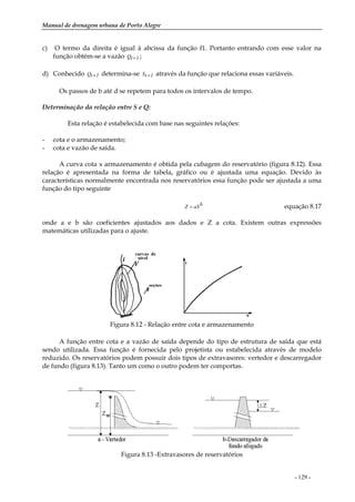 Manual de drenagem urbana de Porto Alegre
- 129 -
c) O termo da direita é igual à abcissa da função f1. Portanto entrando com esse valor na
função obtém-se a vazão 1tQ + ;
d) Conhecido 1tQ + determina-se 1tS + através da função que relaciona essas variáveis.
Os passos de b até d se repetem para todos os intervalos de tempo.
Determinação da relação entre S e Q:
Esta relação é estabelecida com base nas seguintes relações:
- cota e o armazenamento;
- cota e vazão de saída.
A curva cota x armazenamento é obtida pela cubagem do reservatório (figura 8.12). Essa
relação é apresentada na forma de tabela, gráfico ou é ajustada uma equação. Devido às
características normalmente encontrada nos reservatórios essa função pode ser ajustada a uma
função do tipo seguinte
baSZ = equação 8.17
onde a e b são coeficientes ajustados aos dados e Z a cota. Existem outras expressões
matemáticas utilizadas para o ajuste.
Figura 8.12 - Relação entre cota e armazenamento
A função entre cota e a vazão de saída depende do tipo de estrutura de saída que está
sendo utilizada. Essa função é fornecida pelo projetista ou estabelecida através de modelo
reduzido. Os reservatórios podem possuír dois tipos de extravasores: vertedor e descarregador
de fundo (figura 8.13). Tanto um como o outro podem ter comportas.
Figura 8.13 -Extravasores de reservatórios
 