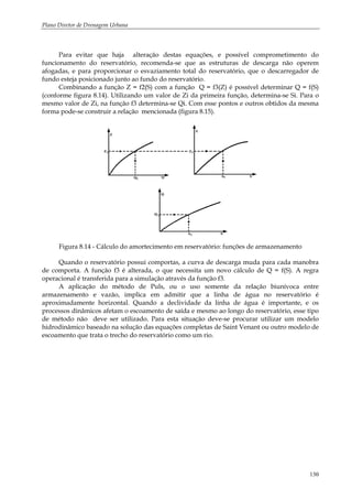Plano Diretor de Drenagem Urbana
130
Para evitar que haja alteração destas equações, e possível comprometimento do
funcionamento do reservatório, recomenda-se que as estruturas de descarga não operem
afogadas, e para proporcionar o esvaziamento total do reservatório, que o descarregador de
fundo esteja posicionado junto ao fundo do reservatório.
Combinando a função Z = f2(S) com a função Q = f3(Z) é possível determinar Q = f(S)
(conforme figura 8.14). Utilizando um valor de Zi da primeira função, determina-se Si. Para o
mesmo valor de Zi, na função f3 determina-se Qi. Com esse pontos e outros obtidos da mesma
forma pode-se construir a relação mencionada (figura 8.15).
Figura 8.14 - Cálculo do amortecimento em reservatório: funções de armazenamento
Quando o reservatório possui comportas, a curva de descarga muda para cada manobra
de comporta. A função f3 é alterada, o que necessita um novo cálculo de Q = f(S). A regra
operacional é transferida para a simulação através da função f3.
A aplicação do método de Puls, ou o uso somente da relação biunívoca entre
armazenamento e vazão, implica em admitir que a linha de água no reservatório é
aproximadamente horizontal. Quando a declividade da linha de água é importante, e os
processos dinâmicos afetam o escoamento de saída e mesmo ao longo do reservatório, esse tipo
de método não deve ser utilizado. Para esta situação deve-se procurar utilizar um modelo
hidrodinâmico baseado na solução das equações completas de Saint Venant ou outro modelo de
escoamento que trata o trecho do reservatório como um rio.
 