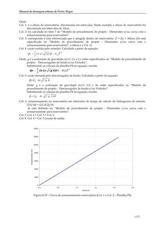 Manual de drenagem urbana de Porto Alegre
- 137 -
Onde:
Col. 1: é o altura do reservatório, discretizada em intervalos. Neste exemplo a altura do reservatório foi
discretizada em intervalos de 10cm.
Col. 2: foi calculada no item 7 do “Modelo de procedimento de projeto - Dimensões e/ou curva cota x
armazenamento para reservatório”.
Col. 3: corresponde à cota referenciada que é atingida dentro do reservatório. Z = Zo + Altura (Zo está
especificado no “Modelo de procedimento de projeto - Dimensões e/ou curva cota x
armazenamento para reservatório”, e altura é a Col. 1).
Col. 4: vazão vertida pelo vertedor. Calculada a partir da equação:
( ) 5,1
wZZ.g.2.Lv.Cv.
3
2
Qv −=
Onde: g é a aceleração da gravidade m/s2; Cv e Lv estão especificados no “Modelo de procedimento de
projeto - Descarregador de fundo e/ou Vertedor”.
Substituindo as colunas da planilha P4 na equação, resulta:
( ) 5,1
2,553..2...
3
2
−= ColgLvCvQv
Col. 5: vazão drenada pelo descarregador de fundo. Calculada a partir da equação:
hg2AcCQ d ⋅⋅⋅⋅=
Onde: g é a aceleração da gravidade m/s2; Cd e Ac estão especificados no “Modelo de
procedimento de projeto - Descarregador de fundo e/ou Vertedor”.
Substituindo as colunas da planilha P4 na equação, resulta:
1Colg2AcdCQ ⋅⋅⋅⋅=
Col. 6: armazenamento no reservatório em intervalos de tempo de cálculo do hidrograma de entrada.
(2.S/∆t) = (2.Col.2)/∆t.
∆t está definido no “Modelo de procedimento de projeto - Dimensões e/ou curva cota x
armazenamento para reservatório”.
Col. 7: Col. 4 + Col. 5 + Col. 6
Col. 8: Col. 4 + Col. 5 (vazão de saída)
0
2000
4000
6000
8000
10000
12000
14000
0.0 0.5 1.0 1.5 2.0 2.5
Altura (m)
Armazenamento(m3)
Figura 8.19 – Curva de armazenamento reservatório (Col. 1 x Col. 2 – Planilha P4)
 