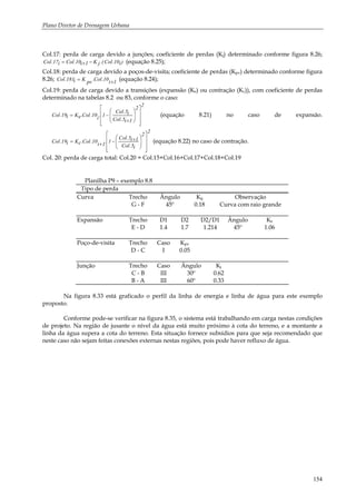 Plano Diretor de Drenagem Urbana
154
Col.17: perda de carga devido a junções; coeficiente de perdas (Kj) determinado conforme figura 8.26;
)i10.Col.(jK1i10.Coli17.Col −+= (equação 8.25);
Col.18: perda de carga devido a poços-de-visita; coeficiente de perdas (Kpv) determinado conforme figura
8.26; 1i10.Col.pvKi181.Col += (equação 8.24);
Col.19: perda de carga devido a transições (expansão (Ke) ou contração (Kc)), com coeficiente de perdas
determinado na tabelas 8.2 ou 83, conforme o caso:
2
2
1i5.Col
i5.Col
1.
i
10.Col.eKi19.Col
⎥
⎥
⎥
⎦
⎤
⎢
⎢
⎢
⎣
⎡
⎟
⎟
⎠
⎞
⎜
⎜
⎝
⎛
+
−= (equação 8.21) no caso de expansão.
2
2
i5.Col
1i5.Col
1.1i10.Col.cKi19.Col
⎥
⎥
⎥
⎦
⎤
⎢
⎢
⎢
⎣
⎡
⎟
⎟
⎠
⎞
⎜
⎜
⎝
⎛ +−+= (equação 8.22) no caso de contração.
Col. 20: perda de carga total: Col.20 = Col.15+Col.16+Col.17+Col.18+Col.19
Planilha P9 – exemplo 8.8
Tipo de perda
Curva Trecho Ângulo Kg Observação
G - F 45º 0.18 Curva com raio grande
Expansão Trecho D1 D2 D2/D1 Ângulo Ke
E - D 1.4 1.7 1.214 45º 1.06
Poço-de-visita Trecho Caso Kpv
D - C I 0.05
Junção Trecho Caso Ângulo Kj
C - B III 30º 0.62
B - A III 60º 0.33
Na figura 8.33 está graficado o perfil da linha de energia e linha de água para este exemplo
proposto.
Conforme pode-se verificar na figura 8.35, o sistema está trabalhando em carga nestas condições
de projeto. Na região de jusante o nível da água está muito próximo à cota do terreno, e a montante a
linha da água supera a cota do terreno. Esta situação fornece subsídios para que seja recomendado que
neste caso não sejam feitas conexões externas nestas regiões, pois pode haver refluxo de água.
 