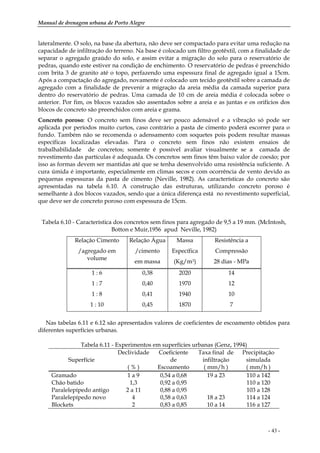 Manual de drenagem urbana de Porto Alegre
- 43 -
lateralmente. O solo, na base da abertura, não deve ser compactado para evitar uma redução na
capacidade de infiltração do terreno. Na base é colocado um filtro geotêxtil, com a finalidade de
separar o agregado graúdo do solo, e assim evitar a migração do solo para o reservatório de
pedras, quando este estiver na condição de enchimento. O reservatório de pedras é preenchido
com brita 3 de granito até o topo, perfazendo uma espessura final de agregado igual a 15cm.
Após a compactação do agregado, novamente é colocado um tecido geotêxtil sobre a camada de
agregado com a finalidade de prevenir a migração da areia média da camada superior para
dentro do reservatório de pedras. Uma camada de 10 cm de areia média é colocada sobre o
anterior. Por fim, os blocos vazados são assentados sobre a areia e as juntas e os orifícios dos
blocos de concreto são preenchidos com areia e grama.
Concreto poroso: O concreto sem finos deve ser pouco adensável e a vibração só pode ser
aplicada por períodos muito curtos, caso contrário a pasta de cimento poderá escorrer para o
fundo. Também não se recomenda o adensamento com soquetes pois podem resultar massas
específicas localizadas elevadas. Para o concreto sem finos não existem ensaios de
trabalhabilidade de concretos; somente é possível avaliar visualmente se a camada de
revestimento das partículas é adequada. Os concretos sem finos têm baixo valor de coesão; por
isso as formas devem ser mantidas até que se tenha desenvolvido uma resistência suficiente. A
cura úmida é importante, especialmente em climas secos e com ocorrência de vento devido as
pequenas espessuras da pasta de cimento (Neville, 1982). As características do concreto são
apresentadas na tabela 6.10. A construção das estruturas, utilizando concreto poroso é
semelhante à dos blocos vazados, sendo que a única diferença está no revestimento superficial,
que deve ser de concreto poroso com espessura de 15cm.
Tabela 6.10 - Característica dos concretos sem finos para agregado de 9,5 a 19 mm. (McIntosh,
Botton e Muir,1956 apud Neville, 1982)
Relação Cimento
/agregado em
volume
Relação Água
/cimento
em massa
Massa
Específica
(Kg/m3)
Resistência a
Compressão
28 dias - MPa
1 : 6 0,38 2020 14
1 : 7 0,40 1970 12
1 : 8 0,41 1940 10
1 : 10 0,45 1870 7
Nas tabelas 6.11 e 6.12 são apresentados valores de coeficientes de escoamento obtidos para
diferentes superfícies urbanas.
Tabela 6.11 - Experimentos em superfícies urbanas (Genz, 1994)
Superfície
Declividade
( % )
Coeficiente
de
Escoamento
Taxa final de
infiltração
( mm/h )
Precipitação
simulada
( mm/h )
Gramado 1 a 9 0,54 a 0,68 19 a 23 110 a 142
Chão batido 1,3 0,92 a 0,95 110 a 120
Paralelepípedo antigo 2 a 11 0,88 a 0,95 103 a 128
Paralelepípedo novo 4 0,58 a 0,63 18 a 23 114 a 124
Blockets 2 0,83 a 0,85 10 a 14 116 a 127
 