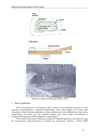 Manual de drenagem urbana de Porto Alegre
- 49 -
.
Figura 6.6 - Bacia de infiltração (CIRIA, 1996)
Valos de infiltração
Estes são dispositivos de drenagem lateral, muitas vezes utilizados paralelos às ruas,
estradas, estacionamentos e conjuntos habitacionais, entre outros (Figura 6.7). Esses valos
concentram o fluxo das áreas adjacentes e criam condições para uma infiltração ao longo do seu
comprimento, de forma que eles também podem agir como canais, armazenando e
transportando água para outros dispositivos de drenagem.
Para facilitar ainda mais a infiltração, podem ser instaladas pequenas contenções ao longo
do comprimento, transversalmente ao sentido do escoamento. Urbonas e Stahre (1993)
 