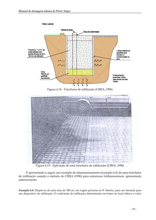 Manual de drenagem urbana de Porto Alegre
- 59 -
Figura 6.14 - Trincheira de infiltração (CIRIA, 1996)
Figura 6.15 - Aplicação de uma trincheira de infiltração (CIRIA, 1996)
É apresentado a seguir um exemplo de dimensionamento (exemplo 6.4) de uma trincheira
de infiltração usando o método de CIRIA (1996) para estruturas tridimensionais, apresentado
anteriormente.
Exemplo 6.4. Dispõe-se de uma área de 320 m2, em região próxima ao 8º distrito, para ser drenada para
um dispositivo de infiltração. O coeficiente de infiltração determinado em testes no local obteve o valor
 