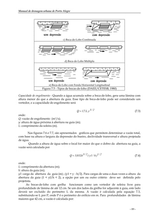 Manual de drenagem urbana de Porto Alegre
- 89 -
c) Boca-de-Lobo Combinada
d) Boca-de-Lobo Múltipla
e) Boca-de-Lobo com Fenda Horizontal Longitudinal
Figura 7.5 - Tipos de bocas-de-lobo (DAEE/CETESB, 1980)
Capacidade de engolimento - Quando a água acumula sobre a boca-de-lobo, gera uma lâmina com
altura menor do que a abertura da guia. Esse tipo de boca-de-lobo pode ser considerado um
vertedor, e a capacidade de engolimento será
2/3y.L.7,1Q = (7.3)
onde:
Q: vazão de engolimento (m3/s);
y: altura de água próxima à abertura na guia (m);
L: comprimento da soleira (m).
Nas figuras 7.6 e 7.7, são apresentados gráficos que permitem determinar a vazão total,
com base na altura e largura da depressão do bueiro, declividade transversal e altura projetada
de água.
Quando a altura de água sobre o local for maior do que o dobro da abertura na guia, a
vazão será calculada por
2/12/3 )h/1y(Lh01,3Q = (7.4)
onde:
L: comprimento da abertura (m);
h: altura da guia (m);
y1: carga da abertura da guia (m) ; (y1 = y - h/2). Para cargas de uma a duas vezes a altura da
abertura da guia (1 < yl/h < 2), a opção por um ou outro critério deve ser definida pelo
projetista.
As bocas-de-lobo com grelha funcionam como um vertedor de soleira livre para
profundidade de lâmina de até 12 cm. Se um dos lados da grelha for adjacente à guia, este lado
deverá ser excluído do perímetro L da mesma. A vazão é calculada pela equação 7.3,
substituindo-se L por P, onde P é o perímetro do orifício em m. Para profundidades de lâmina
maiores que 42 cm, a vazão é calculada por:
 