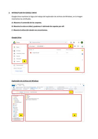 2. INTERACTUAR EN GOOGLE DRIVE
Google drive mantiene la lógica de trabajo del explorador de archivos de Windows, en la imagen
mostramos las similitudes.
A. Muestra el contenido de las carpetas.
B. Muestra la vista en árbol y podemos ir abriendo las capetas por allí.
C. Muestra la dirección donde nos encontramos.
Google Drive
Explorador de archivos de Windows
A
C
B
B A
C
 