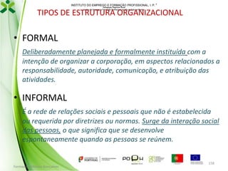INSTITUTO DO EMPREGO E FORMAÇÃO PROFISSIONAL, I. P. 
Delegação Regional Norte
Centro de Emprego e Formação Profissional do Alto de Trás-os-Montes

TIPOS DE ESTRUTURA ORGANIZACIONAL

• FORMAL
Deliberadamente planejada e formalmente instituída com a
intenção de organizar a corporação, em aspectos relacionados a
responsabilidade, autoridade, comunicação, e atribuição das
atividades.

• INFORMAL
É a rede de relações sociais e pessoais que não é estabelecida
ou requerida por diretrizes ou normas. Surge da interação social
das pessoas, o que significa que se desenvolve
espontaneamente quando as pessoas se reúnem.

Formador: Mónica Gonçalves

158

 